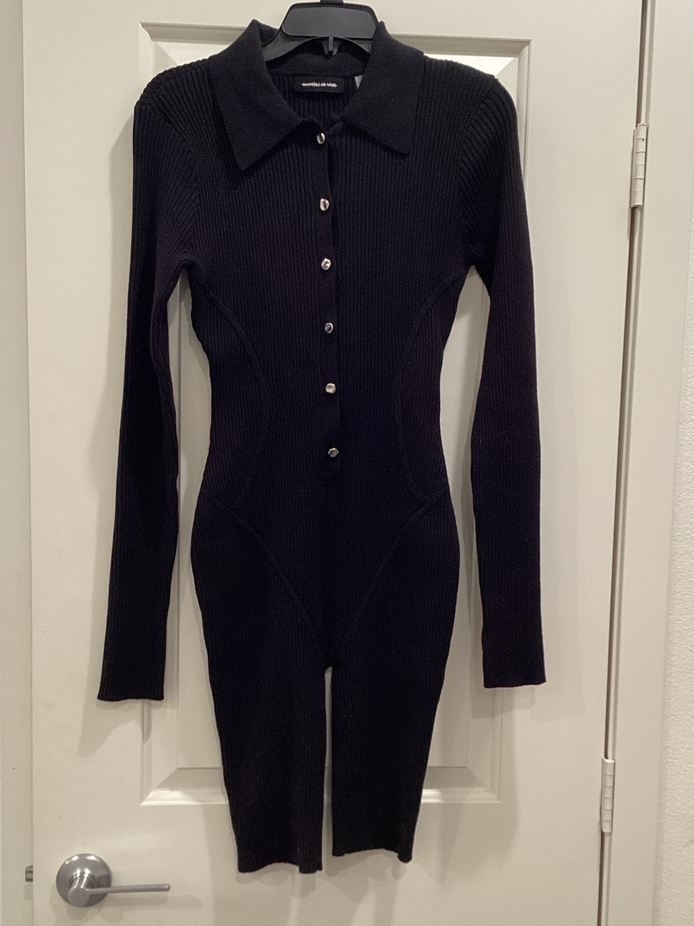Maniere De Voir Black Ribbed Long-Sleeve Button-Front Jumpsuit
